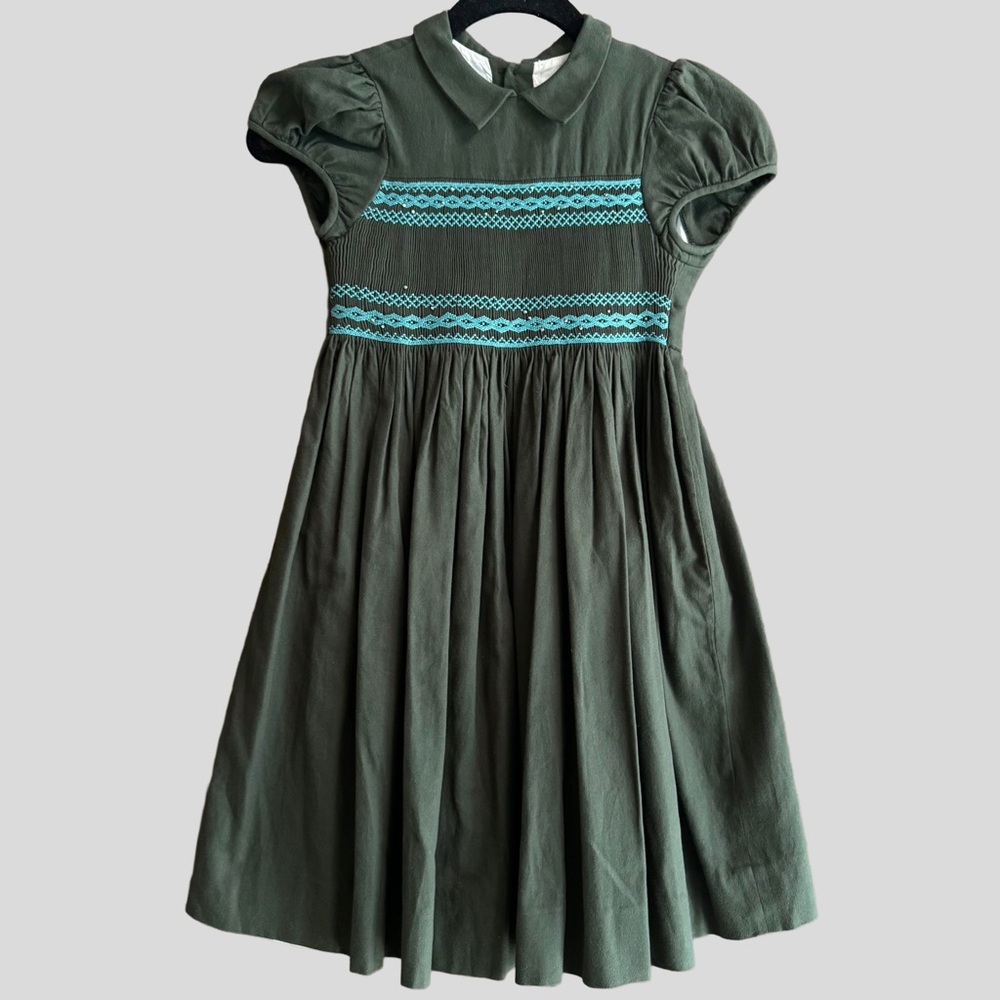 Bonpoint Olive Green Dress Embroidered Smocked Rhinestone Detail Holiday Dress